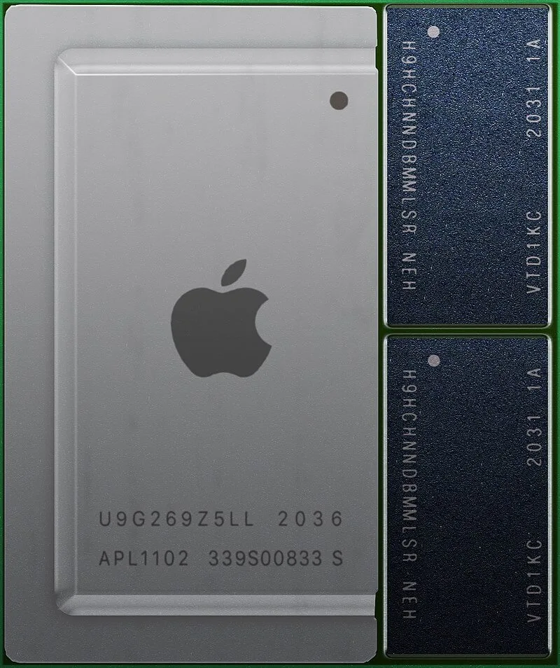 A close-up image of the Apple M1 System on a Chip