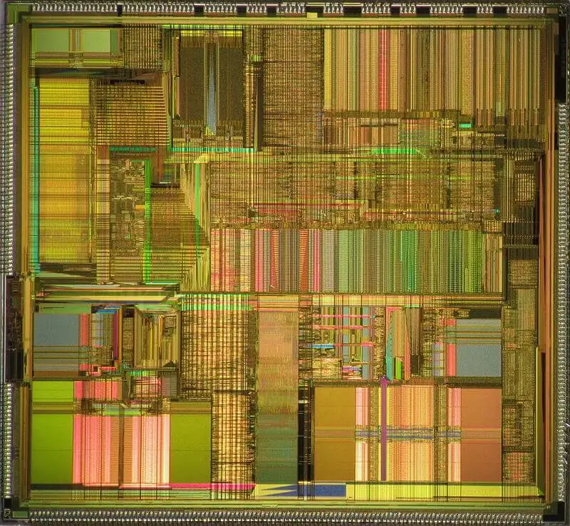 A closeup image of the die of an Intel Pentium P54C processor.